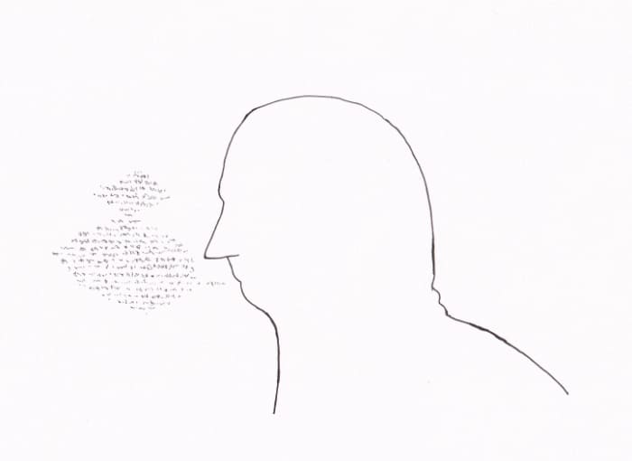 Skizze – Silhouette eines Kopfes mit Wortwolke – Schwarz-Tinte auf Papier