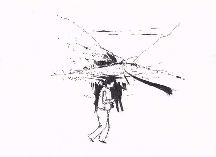 Skizze – Menschen durchqueren ein Tal – Schwarz-Tinte auf Papier