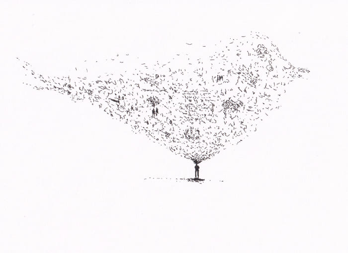 Eine minimalistische Federzeichnung zeigt eine einzelne Person, aus der eine Wolke winziger, stilisierten menschlicher Figuren und Symbole emaniert. die als geamtes die Form eines Vogels hat – Schwarz-Tinte auf Papier