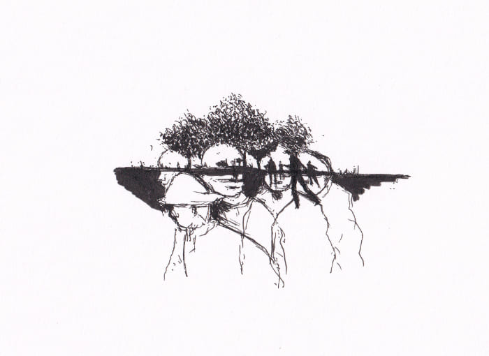 Skizze – Menschen und Bäume verschmelzen in einer surreale Illustration – Schwarz-Tinte auf Papier