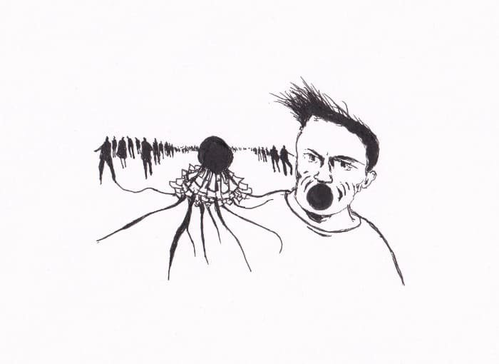 Mann schreit vor einer Gruppe von Menschen und einem Tentakelmonster Skizze – Mann schreit vor einer Gruppe von Menschen und einem Tentakelmonster – Schwarz-Tinte auf Papier