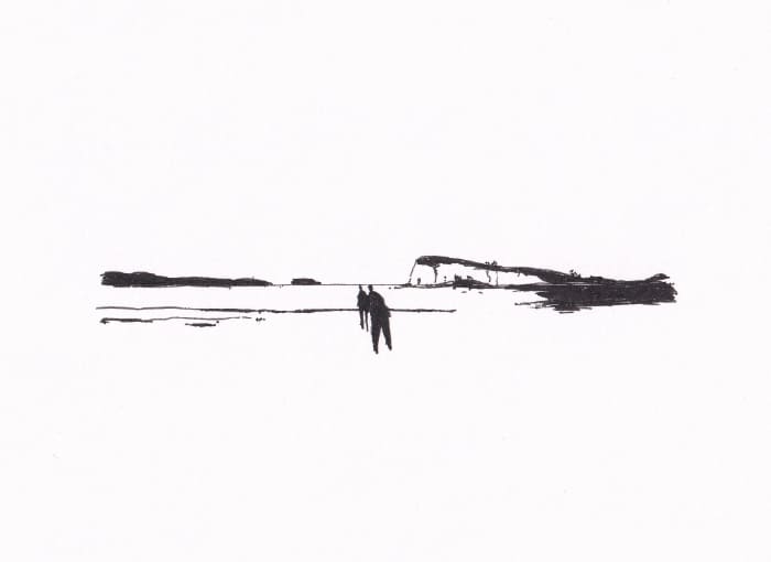 Skizze – Zwei Personen gehen dem Strand entlang – Schwarz-Tinte auf Papier