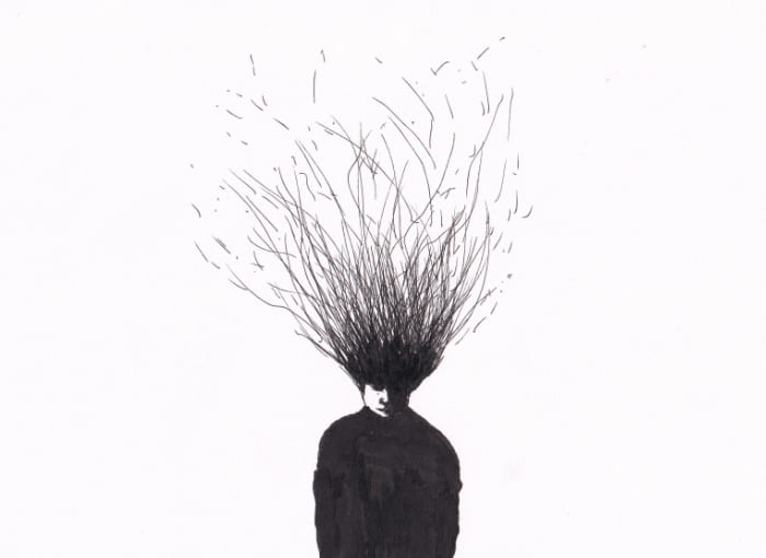 Skizze – Kopf eines Mannes, aus dem Haare wild in die Höhe reicht – Schwarz-Tinte auf Papier