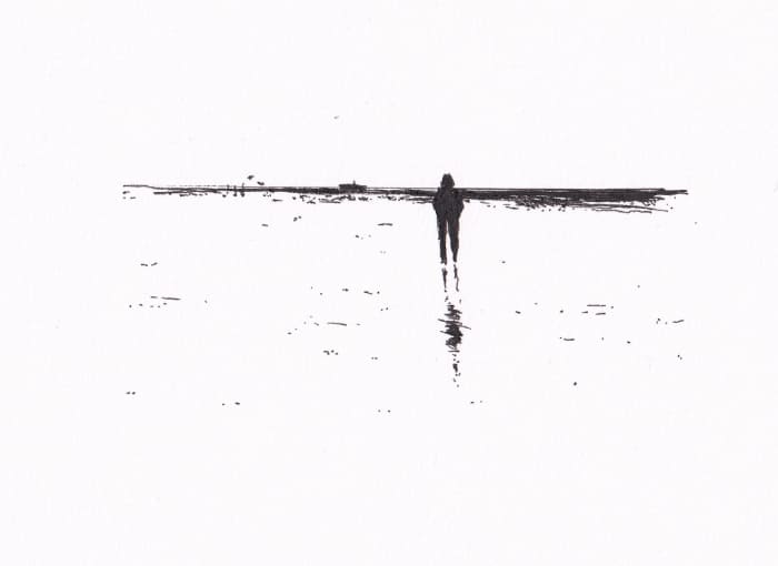 Skizze – Person steht im Wasser und spiegelt sich im Wasser – Schwarz-Tinte auf Papier