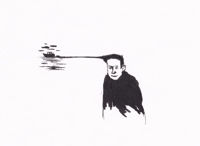 Skizze – Die Zeichnung zeigt einen Mann, dessen Kopf mit einer Linie mit einem kleinen Boot auf dem Wasser verbunden ist. Die Linie erstreckt sich von der Oberseite des Kopfes des Mannes bis zum Boot – Schwarz-Tinte auf Papier