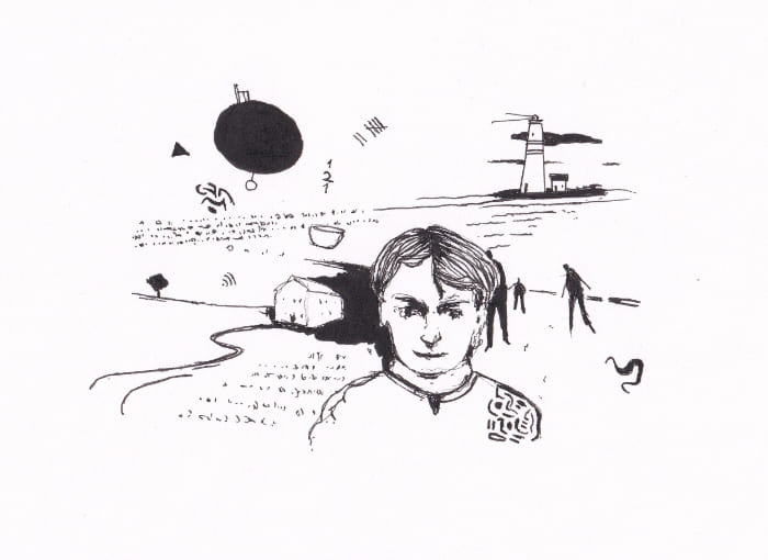 Skizze – Die Zeichnung zeigt ein surreales Landschaftsbild mit einem Porträt eines jungen Menschen im Vordergrund. Im Hintergrund sind verschiedene Objekte und Szenen dargestellt, wie ein Leuchtturm, ein Haus, Figuren und symbolische Elemente – Schwarz-Tinte auf Papier