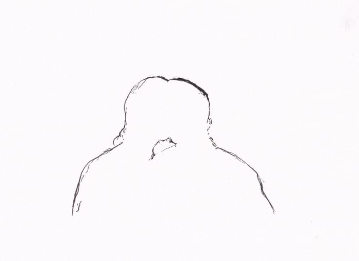 Skizze – Skizze von zwei Personen, die sich umarmen, mit Fokus auf ihre Schultern und Köpfe. Die Konturen sind andeutungsweise gezeichnet – Schwarz-Tinte auf Papier