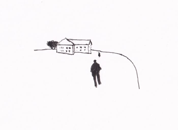 Skizze – Die zwei Bewohner*innen auf dem Weg zu ihrem Doppelhaus in der Landschaft – Schwarz-Tinte auf Papier