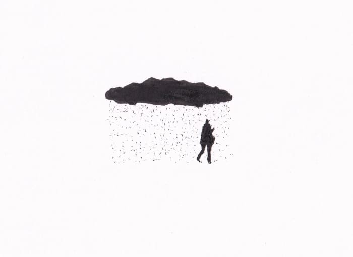 Skizze – Eine Person im Regen unter einer Wolke – Schwarz-Tinte auf Papier