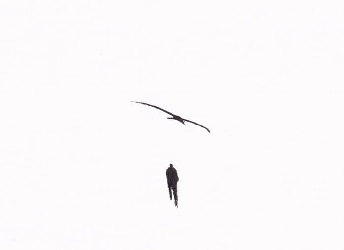 Skizze – Über eienm Menschn fliegt ein weitflächig ausgebreiteter Vogel. Der Vogel fliegt von links nach rechts – Schwarz-Tinte auf Papier