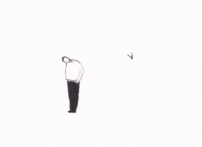 Skizze – Mann und Vogel – Schwarz-Tinte auf Papier