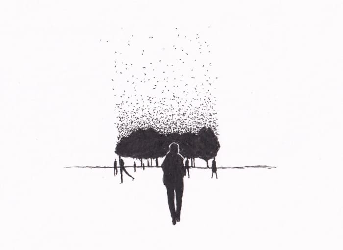 Skizze einer Person, die auf eine Gruppe von Bäumen zugeht, die sich in kleine Punkte auflösen. Mehrere weitere Silhouetten sind in der Ferne zu sehen – Schwarz-Tinte auf Papier