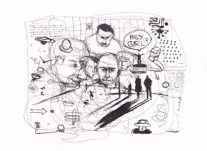 Skizze – Die Skizze zeigt eine Collage aus Gesichtern, Figuren und abstrakten Elementen mit einer „Hey Girl“-Sprechblase. Sie vermittelt ein Gefühl von Chaos und Überlagerung, wobei Linien und Symbole verschiedene Ideen und Beobachtungen verbinden. – Schwarz-Tinte auf Papier