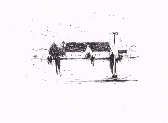 Skizze – Haus Menschen Landschaft – Schwarz-Tinte auf Papier