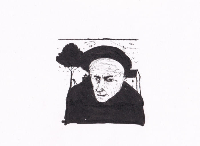 Porträt eines Mannes. Im Hintergrund ist eine ländliche Szene mit einem Baum, einem Haus und einem Luftschiff zu sehen. – Schwarz-Tinte auf Papier