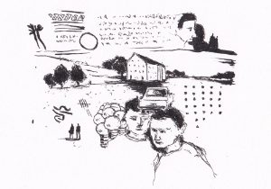 Eine surrealistische Komposition mit einer Landschaft, menschlichen Figuren, einem Auto, abstraktem Text und grafischen Elementen