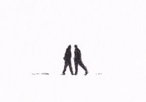 Eine schlichte, handgezeichnete Illustration zeigt zwei Personen, die sich auf einem leeren, weissen Hintergrund entgegenkommen