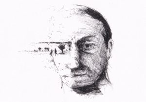 Ein handgezeichnetes Porträt, das einen Mann zeigt, dessen Gesicht mit einer Landschaft verschmilzt, die eine surreale Verbindung von Innen und Aussen darstellt