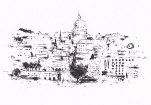 Die Schwarz-Weiss-Zeichnung stellt eine stilisierte Stadtszene dar, die mit raschen, dunklen Linien und Schattierungen erfasst wurde und eine einzigartige Interpretation bietet