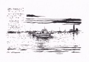 Die Schwarz-Weiss-Zeichnung zeigt den Thunersee, mit Boot auf dem Wasser, umgeben von weiteren Schiffen und einer unscharfen Skyline