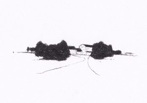 Die Schwarz-Weiss-Zeichnung zeigt eine stilisierte Landschaft mit Häusern, Bäumen und einem Weg, die eine ruhige, ländliche Szene darstellt