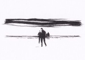 Die Skizze zeigt eine Gruppe von schemenhaften Figuren vor einer dramatischen, horizontalen Wolkenformation, die eine Stimmung der Melancholie erzeugt
