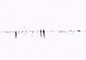 Das Bild zeigt eine minimalistische Schwarz-Weiss-Zeichnung, die eine Szene am Horizont mit sehr vereinfachten Figuren und einer spärlichen Seelandschaft darstellt