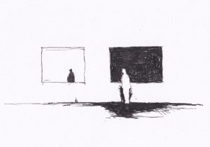 Mann im Museum und auf dem Bild