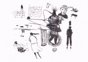 Die Bildkomposition, in Schwarzweiss gehalten, zeigt eine skizzenhafte Darstellung verschiedener Elemente und Figuren, die in einer collageartigen Anordnung auf einer weissen Fläche verteilt sind