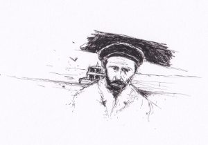 Ein Mann mit Hut vor einem Schiff in einer einfachen, aber ausdrucksstarken Darstellung, die ein Gefühl von Melancholie vermittel