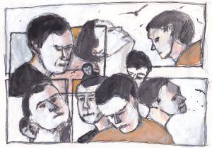 Eine aquarellartige, skizzenhafte Darstellung verschiedener Gesichter, die in rechteckige Segmente aufgeteilt sind und einen introspektiven oder vielleicht befragenden Blick nahelegen