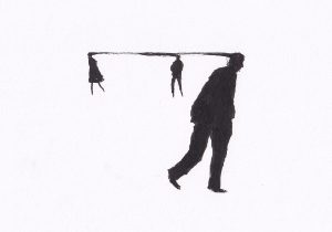 Figuren, die über eine horizontale Linie verbunden sind und eine introspektive Stimmung erzeugen