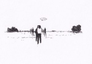 Skizze Bodensee mit Zepelin" alt="Skizze zeigt eine Szene in einer flachen Landschaft, in der eine Gruppe von Menschen sich in Richtung eines fliegenden Zeppelin bewegt