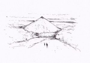 Eine einfache Schwarz-Weiss-Skizze zeigt eine Berglandschaft mit zwei Figuren, die auf einem Weg in Richtung eines markanten Berges gehen, und erzeugt ein Gefühl von Weite und Stille