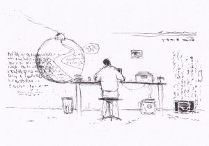 Die Skizze zeigt eine Person, die an einem Tisch in einem Raum sitzt, umgeben von Objekten, die auf ein Arbeitsumfeld hindeuten, dargestellt in einem minimalistischen Stil
