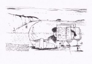 Die schwarz-weisse Tuschezeichnung zeigt eine skizzenhafte Darstellung einer Küstenlandschaft mit Klippen, Menschen und einer Reihe von Objekten und Gebäuden