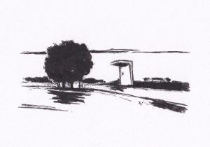 Die Schwarzweiss-Zeichnung zeigt eine minimalistische Landschaftsdarstellung mit einer Baumgruppe, einer Bushaltestelle aus Beton und einer schlichten Horizontlinie, die durch ihre Einfachheit besticht
