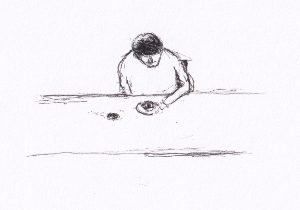 Skizze zeigt einen Mann an einm Tisch mit einer Tasse