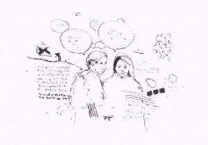 Die Zeichnung zeigt zwei Personen, die sich unter Sprechblasen in einer scheinbar ungezwungenen Situation unterhalten, dargestellt in einem minimalistischen, skizzenhaften Stil