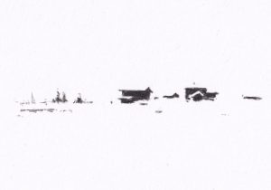 Ein minimalistisches, skizzenhaftes Zeichnung zeigt eine entfernte Schneelandschaft mit einigen schematisch angedeuteten Holzhäuseren