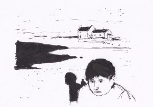 Die Skizze zeigt einen jungen Mann mit nach unten gerichteten Blick im Vordergrund, vor einer Küstenlandschaft mit Häusern