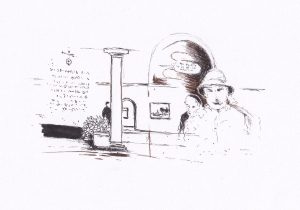 Die Schwarz-Weiss-Skizze zeigt eine Szene, die eine Aussenansicht und eine Innenansicht eines Gebäudes mit drei Personen darstellt, wobei eine Person im Vordergrund steht