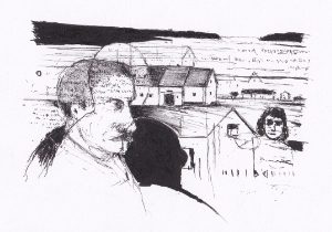 Eine Schwarz-Weiss-Zeichnung zeigt eine Szene mit mehreren Menschen, Häusern und einer Landschaft, die in einem minimalistischen Stil gestaltet ist