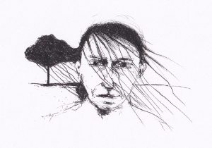 Das schwarz-weisse, skizzenhafte Bild zeigt das Porträt eines Menschen, der dem Betrachter zugewandt ist, mit wehenden Haaren und einer Baumsilhouette im Hintergrund
