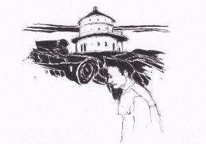 Die Schwarz-Weiss-Zeichnung zeigt eine Person, die an einem Gebäude vorbeigeht, das auf einer Anhöhe mit einer aufgerollten Matte steht, wobei ein Großssteil des Bildes ungenutzt bleibt