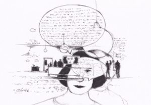 Die Skizze zeigt eine Frau, die von einer Gedankenblase und einer Szene, die sich in ihrem Kopf abspielt, überlagert wird, was auf eine introspektive oder surrealistische Darstellung hindeutet