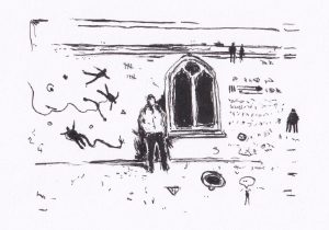 Das Schwarz-Weiss-Bild, das in einem einfachen Strichstil gehalten ist, stellt eine surreale Szene mit architektonischen und figurativen Elementen dar, die eine ungewöhnliche Atmosphäre schaffen