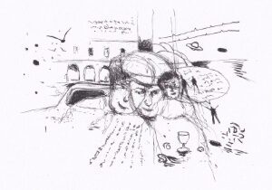 Die Skizze präsentiert eine surrealistische Komposition mit mehreren übereinanderliegenden Elementen, die eine vielschichtige Szene suggerieren