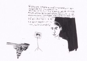 Das Bild präsentiert eine skizzenhafte, schwarz-weiße Darstellung einer Person, ergänzt durch einen Textblock und einen kleinen Notenständer, die eine Art von narrativer Szene andeuten.