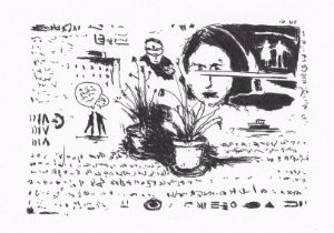 Das Bild zeigt eine Schwarz-Weiss-Skizze mit einer komplexen Komposition, die verschiedene Elemente wie Gesichter, Pflanzen und Schriftzüge in einer surrealen Szene vereint